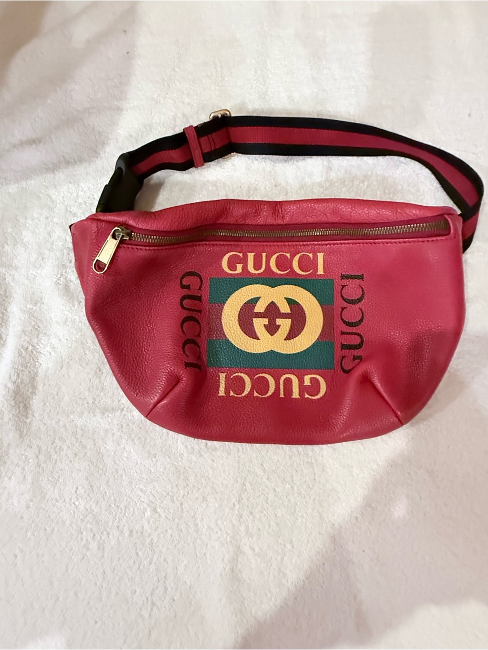 Gucci Red Leather Logo Waist Bag with Stripe Strap